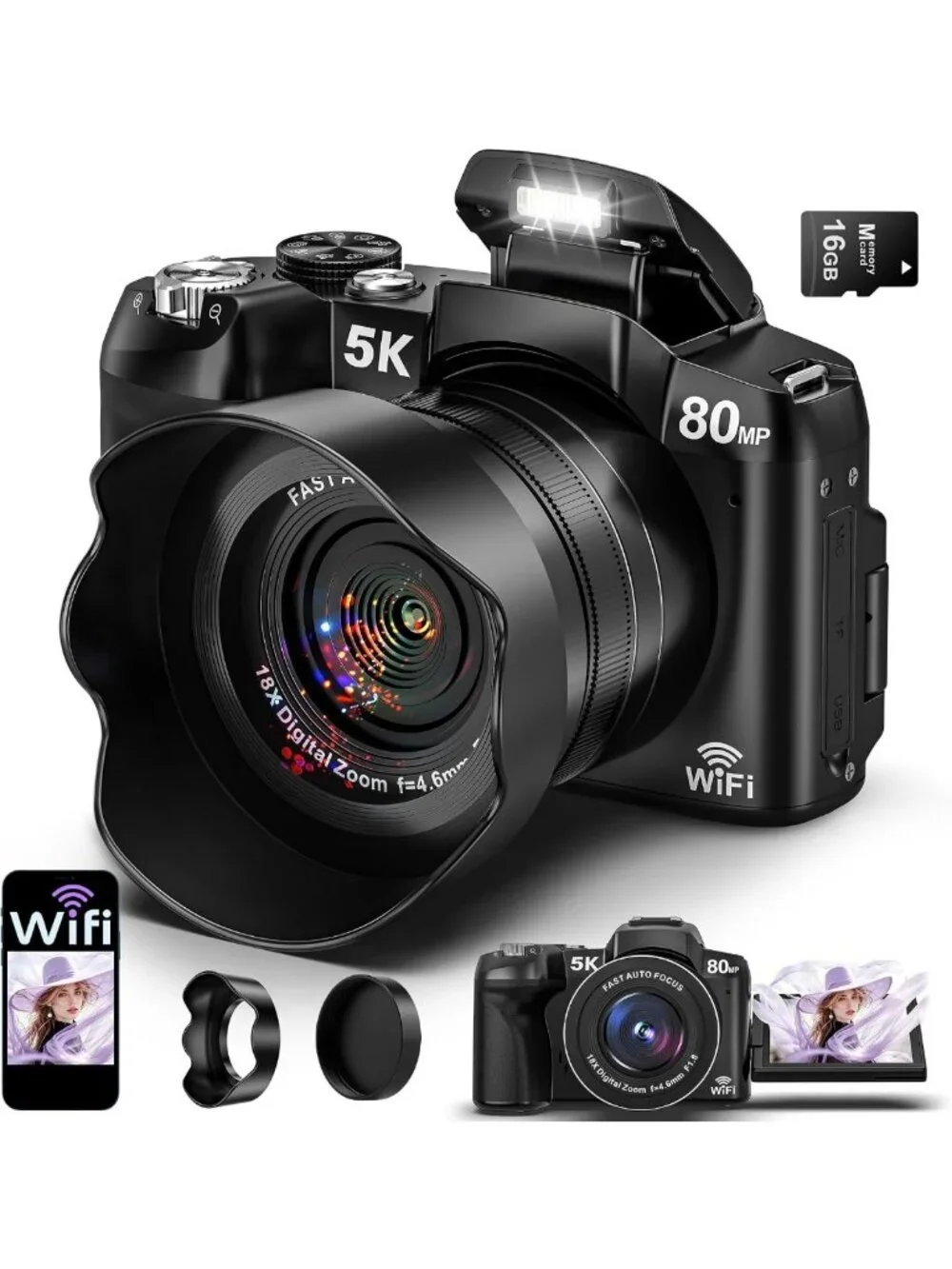 5K Digital Camera with WiFi, 80MP UHD, Autofocus - Perfect for Vlogging
